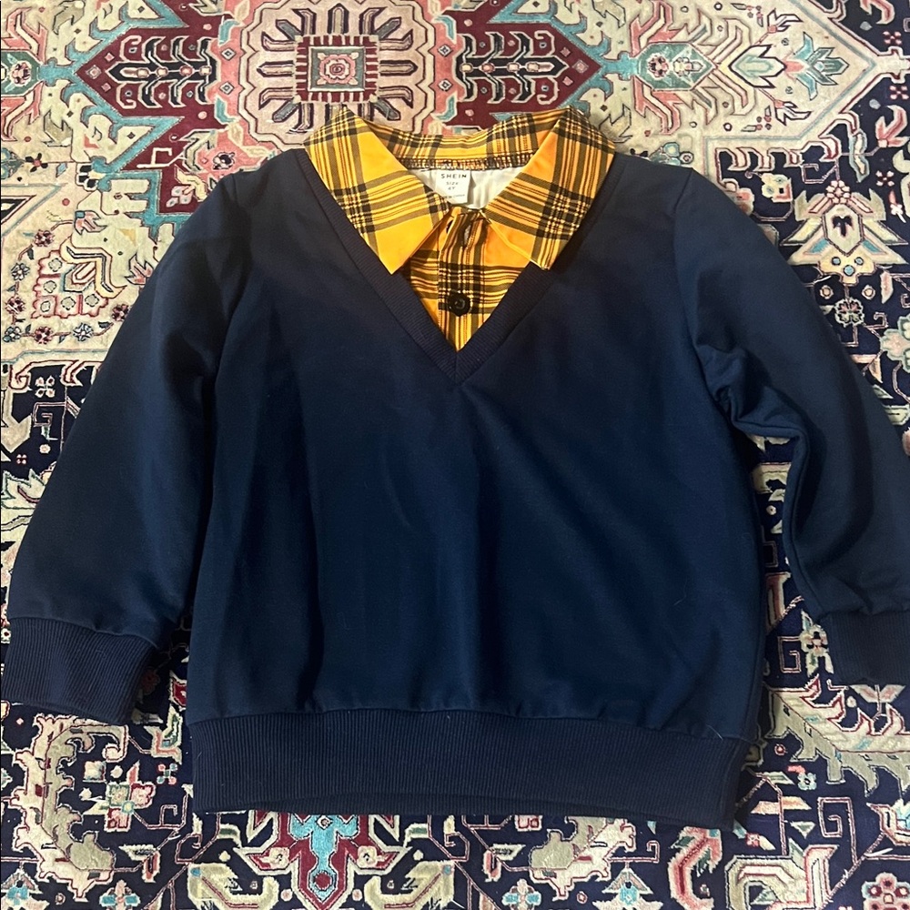 SHEIN Navy Sweater with Yellow Plaid Collar